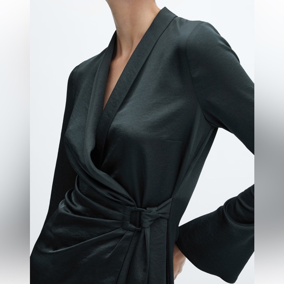 Mango MNG Wrap Mini Dress Tie Waist Long Sleeve Charcoal - Picture 6 of 6